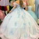 Off Shoulder Sky Blue Shiny Princess Quinceanera Dresses Appliques Lace Beads Ball Gown Long Sleeved Sweet 16 Dresses Vestidos