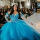 Off The Shoulder Aqua Blue Shiny Princess Quinceanera Dresses Ball Gown Applique Lace Tull Corset Sweet 15 Vestidos De XV Anos