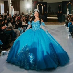 Off The Shoulder Aqua Blue Shiny Princess Quinceanera Dresses Ball Gown Applique Lace Tull Corset Sweet 15 Vestidos De XV Anos