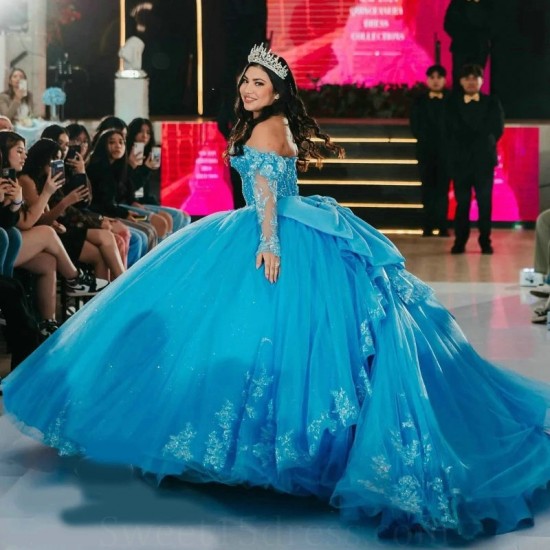 Off The Shoulder Aqua Blue Shiny Princess Quinceanera Dresses Ball Gown Applique Lace Tull Corset Sweet 15 Vestidos De XV Anos