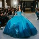 Off The Shoulder Aqua Blue Shiny Princess Quinceanera Dresses Ball Gown Applique Lace Tull Corset Sweet 15 Vestidos De XV Anos