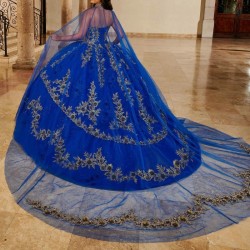 Off The Shoulder Beading Crystal Blue Quincenara Dresses Ball Gown Appliques Lace With Cape Sweet 15 Vestidos De XV Anos