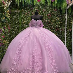 Off The Shoulder Beading Crystal Lavender Quinceanera Dresses Ball Gown Appliques Lace Tull Sweet 15 Vestidos De XV Anos