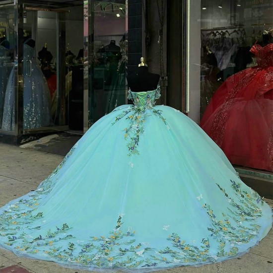 Off the Shoulder Aqua Blue Shiny Quinceanera Dress Ball Gown Applique Bow Lace Up Floral Girls Birthday Party Prom Gown Vestidos