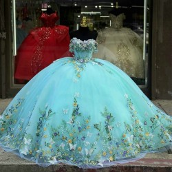 Off the Shoulder Aqua Blue Shiny Quinceanera Dress Ball Gown Applique Bow Lace Up Floral Girls Birthday Party Prom Gown Vestidos