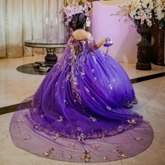 Off the Shoulder Ball Gown Purple Quinceanera Dresses Beading 3D Flowers Appliques Lace Tull Corset Vestidos De 15 Anos