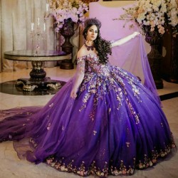 Off the Shoulder Ball Gown Purple Quinceanera Dresses Beading 3D Flowers Appliques Lace Tull Corset Vestidos De 15 Anos