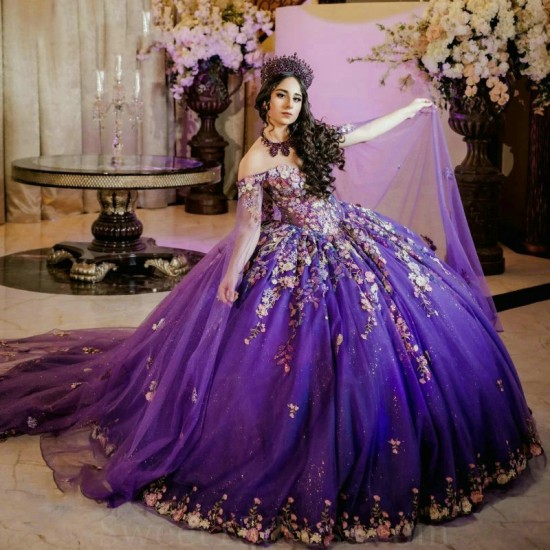 Off the Shoulder Ball Gown Purple Quinceanera Dresses Beading 3D Flowers Appliques Lace Tull Corset Vestidos De 15 Anos