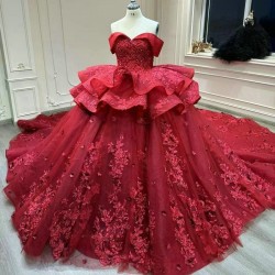 Off the Shoulder Ball Gown Red Quinceanera Dresses Corset Applique Beaded Formal Graduation Gowns Lace Up Princess Sweet