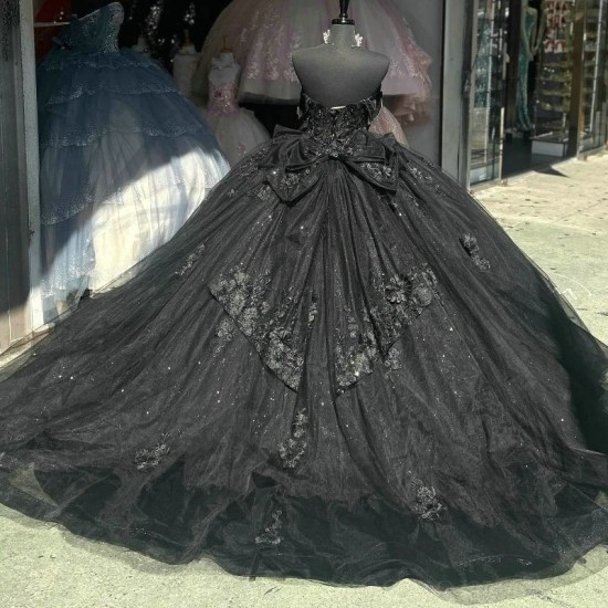 Off the Shoulder Black Princess Girls Quinceanera Dress Appliques Lace Tull Ball Gown Prom Party Wear Sweet 15 16 Vestidos De