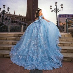 Off the Shoulder Sky Blue Shiny Quinceanera Dress Ball Gown Appliques Lace Beading Tull Mexico Sweet 16 Vestido 15 De XV Anos