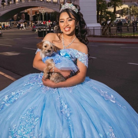 Off the Shoulder Sky Blue Shiny Quinceanera Dress Ball Gown Appliques Lace Beading Tull Mexico Sweet 16 Vestido 15 De XV Anos