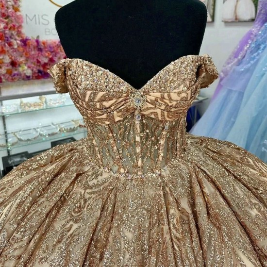 Sequined Champagne Glitter Crystal Quinceanera Dresses Ball Gown Off The Shoulder Beading Tull Corset Vestidos 15 De XV Anos