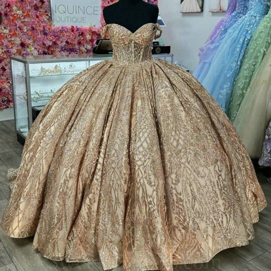 Sequined Champagne Glitter Crystal Quinceanera Dresses Ball Gown Off The Shoulder Beading Tull Corset Vestidos 15 De XV Anos