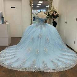 Sky Blue Shiny Quinceanera Dress Princess Off the Shoulder Prom Gown Tulle Appliques Lace Beads Sweet16 Dress Vestidos De 15 Anos