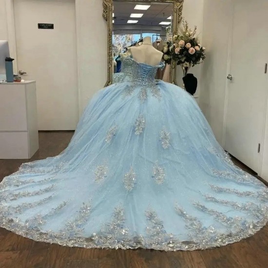 Sky Blue Shiny Quinceanera Dress Princess Off the Shoulder Prom Gown Tulle Appliques Lace Beads Sweet16 Dress Vestidos De 15 Anos