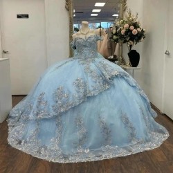 Sky Blue Shiny Quinceanera Dress Princess Off the Shoulder Prom Gown Tulle Appliques Lace Beads Sweet16 Dress Vestidos De 15 Anos