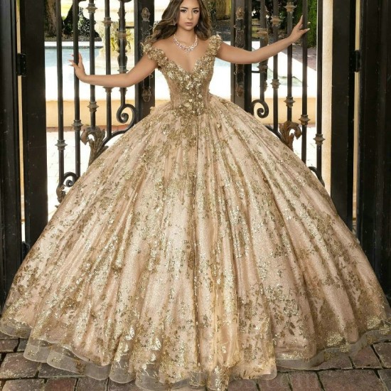 Sparkly Rose Gold Princess Quinceanera Dresses Off Shoulder Ball Gown Glitter Appliques Lace Crystals Beads Tull Sweet 15th Dress