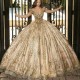 Sparkly Rose Gold Princess Quinceanera Dresses Off Shoulder Ball Gown Glitter Appliques Lace Crystals Beads Tull Sweet 15th Dress