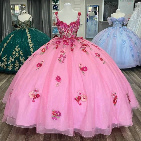 Sweetheart Pink Quinceanera Dress Ball Gown Off The Shoulder Appliques Lace Tull Corset Sweet 15 Vestidos De XV Anos