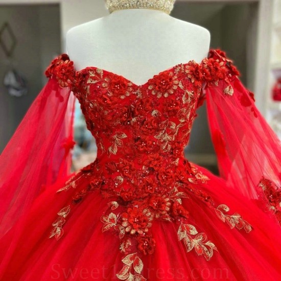 Sweetheart Red Shiny Quinceanera Dresses Ball Gown Applique Lace Crystal Tull Vestidos De 15 Anos Flowers Evening Party Dress