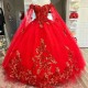 Sweetheart Red Shiny Quinceanera Dresses Ball Gown Applique Lace Crystal Tull Vestidos De 15 Anos Flowers Evening Party Dress