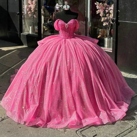 Watermelon Red Quinceanera Dresses Shiny Beads Crystal Bow Princess Birthday Party Dresses Off Shoulder Ball Gown Vestido De 15