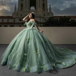 2024 Mint Green Shiny Ball Gown Quinceanera Dresses Classic Applique Lace Flower Beads Tull Sweet 16 Dress Corset Vestidos De 15