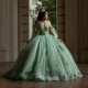 2024 Mint Green Shiny Ball Gown Quinceanera Dresses Classic Applique Lace Flower Beads Tull Sweet 16 Dress Corset Vestidos De 15