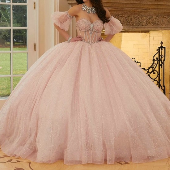 2024 Pink Shiny Ball Gown Quinceanera Dress Tulle Beads Crystal Bow Off Shoulder Sweet 15 16 Years Birthday Party Formal Dresses