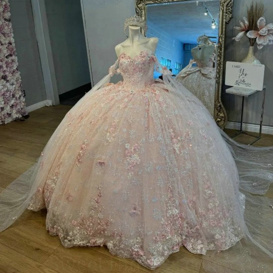 2024 Pink Shiny Quinceanera Dresses With Cape Ball Gown Sweetheart Lace Beading Tulle Lace Up Backless Party Princess Sweet 16