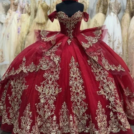 2024 Red Quincenara Dress Mexico Gold Applique Lace Beads Vestidos De 15 Anos Quinceanera XV Brithday Sweet 16 Dresses Ball Gown