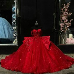 2024 Red Shiny Quinceanera Dresses Applique Beads Tull Sweetheart Sweet 15 16 Girl Princess Vestidos De Quinceanera Ball Gown