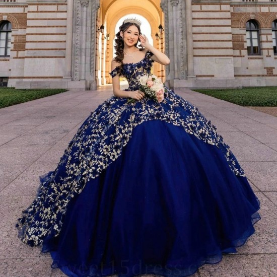 2024 Royal Blue Princess Quinceanera Dresses Off Shoulder 3D Floral Beads Gillter Sequins Puffy Lace up Corset Vestidos 15 anos