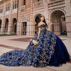 2024 Royal Blue Princess Quinceanera Dresses Off Shoulder 3D Floral Beads Gillter Sequins Puffy Lace up Corset Vestidos 15 anos