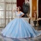 2024 Sky Blue Princess Ball Gown Quinceanera Dresses Off Shoulder Appliques Bow Crystal Tull Vestido De 15 Anos 16th Prom Party