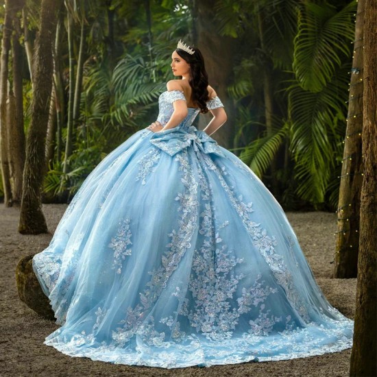 2024 Sky Blue Quinceanera Dress Ball Gown Princess Sweet 15 16 Years Appliques Lace Beads Bow Tull Vestidos De 15 Anos