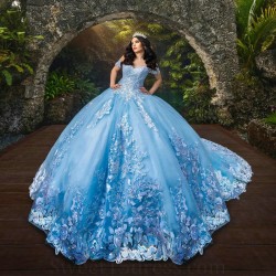 2024 Sky Blue Quinceanera Dress Ball Gown Princess Sweet 15 16 Years Appliques Lace Beads Bow Tull Vestidos De 15 Anos