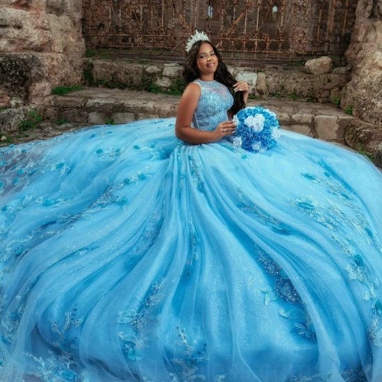 2024 Sky Blue Quinceanera Dresses 3D Flowers Appliques Beading Tull Sequins Ball Gowns Princess Graduation Vestidos De 15 Anos