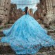 2024 Sky Blue Quinceanera Dresses 3D Flowers Appliques Beading Tull Sequins Ball Gowns Princess Graduation Vestidos De 15 Anos