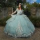 Applique Aqua Blue Shiny Quinceanrra Prom Dresses Sequins Flower Beads Princess Off The Shoulder Sweet 16 Dress Vestidos De 15