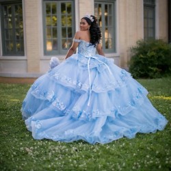 Applique Sky Blue Girl Quinceanera Dress Sweet 15 Dress Beading Sequin With Detachable Tail Party Princess Dress