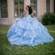 Applique Sky Blue Girl Quinceanera Dress Sweet 15 Dress Beading Sequin With Detachable Tail Party Princess Dress