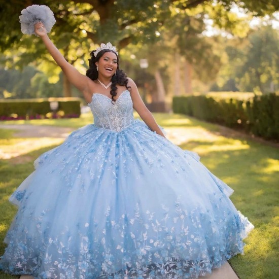 Applique Sky Blue Girl Quinceanera Dress Sweet 15 Dress Beading Sequin With Detachable Tail Party Princess Dress