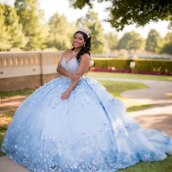 Applique Sky Blue Girl Quinceanera Dress Sweet 15 Dress Beading Sequin With Detachable Tail Party Princess Dress