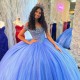 Beaded Blue Shiny Princess Quinceanera Dresses Crystal Tull Ball Gown 16th Birthday Gowns Sweet 16 Vestidos De 15 Anos