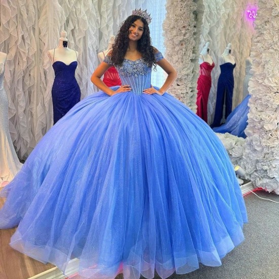 Beaded Blue Shiny Princess Quinceanera Dresses Crystal Tull Ball Gown 16th Birthday Gowns Sweet 16 Vestidos De 15 Anos