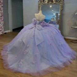 Beaded Lavender Quinceanera Dresses Applique 3D Flowers Off Shoulder Ball Gown Vestidos De 15 Anos Sweet 16 Birthday Party Fiest