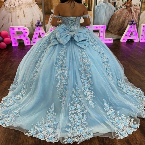 Beaded Mexican Sky Blue Quinceanera Dresses Ball Gown Lace Appliques Bow Sweet 16 Dress Princess Lace Up Vestido De 15 Anos