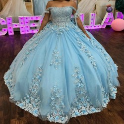 Beaded Mexican Sky Blue Quinceanera Dresses Ball Gown Lace Appliques Bow Sweet 16 Dress Princess Lace Up Vestido De 15 Anos